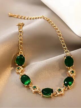 Luxury Green Rhinestone Crystal Bracelet Gold Color Link Chain Bracelets